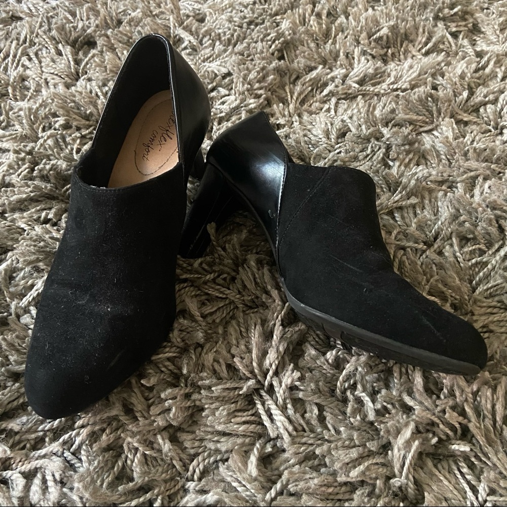 Short Black Closed Toe Heeled Booties, Size 7.5